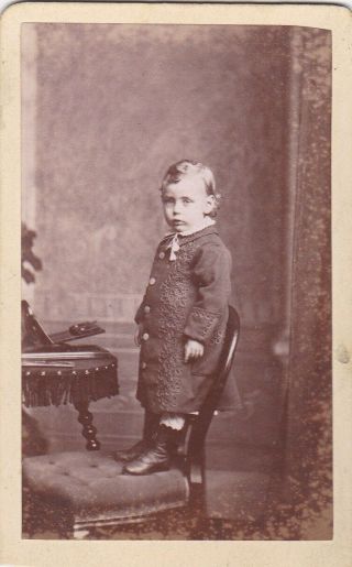 Antique Cdv Photo - Small Child Stood On Chair.  Wishaw Studio