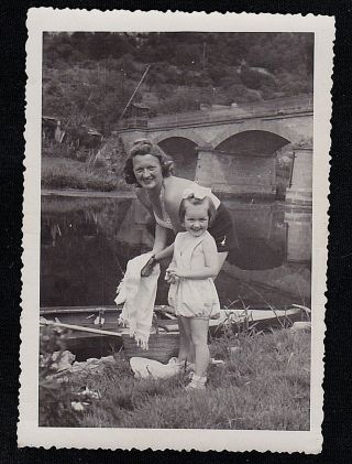 Antique Vintage Photograph Mom & Little Girl Standing By Boat In Water
