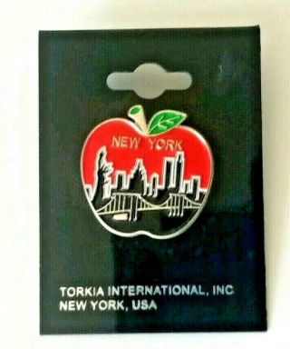 Big Apple York City Lapel Pin Silver Tone Enamel Red Apple Green Leaf.
