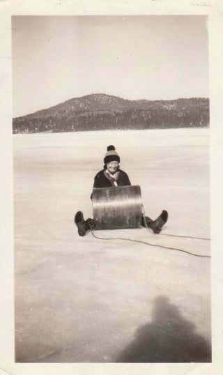 Vintage Photo Snapshot Woman Sitting On Snow Sled Toboggan 1920s