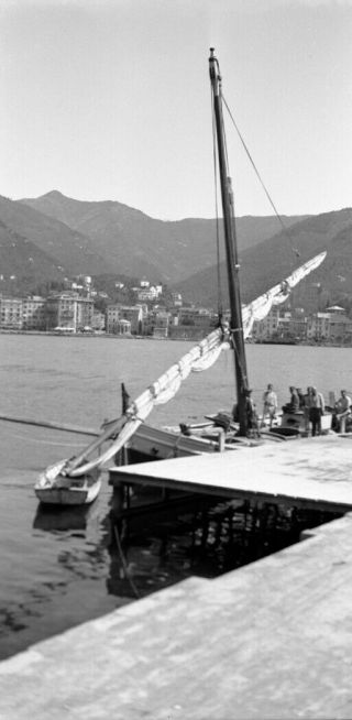 Large Vintage Negative.  Wooden Fishing Boat With Masts Rapallo,  Italy.  1933