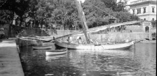 Huge Vintage Negative.  Wooden Fishing Boat With Masts Santa Margherita,  Italy.  1933