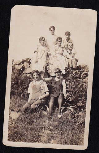 Vintage Antique Photograph Group Of Women In Cool Outfits Sitting On Hill