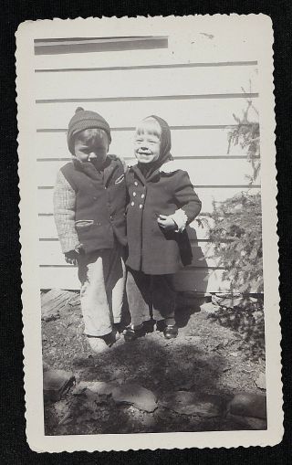 Antique Vintage Photograph Adorable Little Boy & Girl Standing In Yard