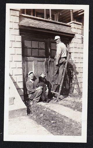 Antique Vintage Photograph Man & Little Girl Sitting By Man On Ladder By House