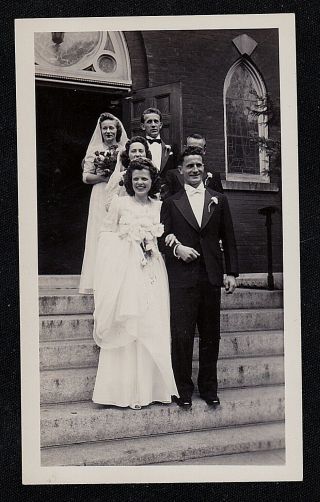 Vintage Antique Photograph Bride & Groom W/ Wedding Party By Church