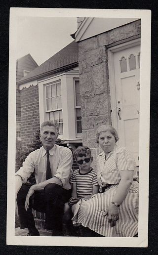 Vintage Antique Photograph Man & Woman Sitting On Step Little Boy In Sunglasses