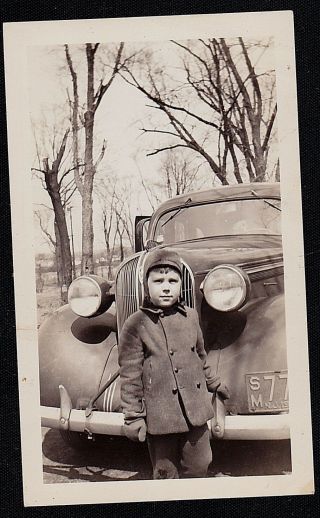 Vintage Antique Photograph Adorable Little Boy Standing By Antique Car / Auto
