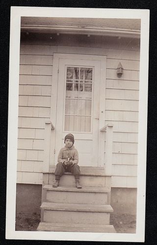 Antique Vintage Photograph Cute Little Boy Sitting On Top Step Of Porch