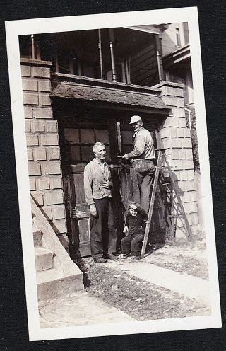 Vintage Antique Photograph Little Boy W/ Two Men On House - Ladder