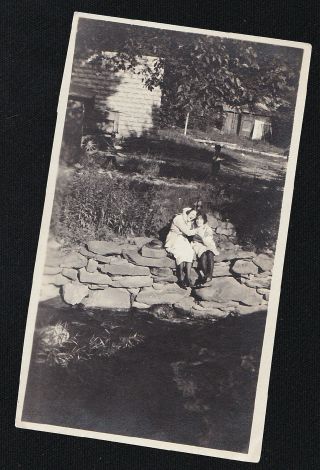 Old Vintage Antique Photograph Two Women Hugging On Rocks By Water