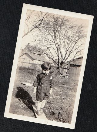 Vintage Antique Photograph Adorable Little Boy Walking On Board In Yard