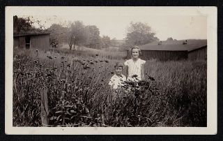 Vintage Antique Photograph Little Boy Standing In Tall Grass With Mom