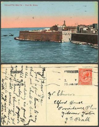Malta Kg 1919 Old Maltese Postcard Valletta Fort St.  Elmo Fortress Boats Harbour