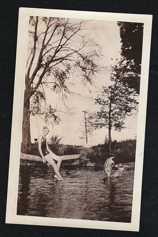 Antique Photograph Sexy Woman Old Time Bathing Suit Sitting On Tree Over Water