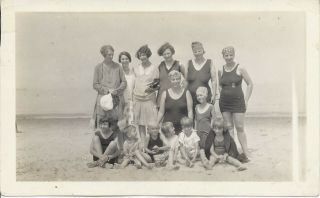 781p Vintage Photo Ladies And Childrens Day At The Beach Fun Smiles Swimsuits