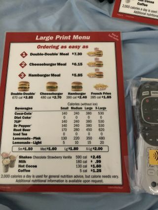 In - N - Out Burger Menu Laminated About 8 1/2 By 11”