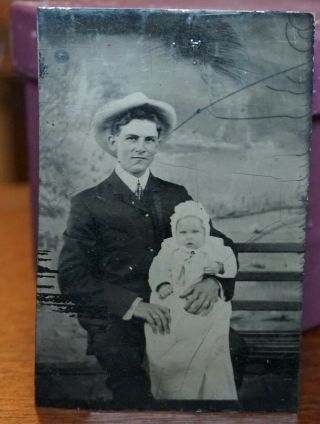 1860s - 70s Tin Type Photo 2 Copies Man With Baby Wearing Hat 1 Picture Is Rough