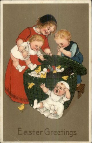 Easter - Children Babies Chicks In Basket C1910 Pfb Postcard