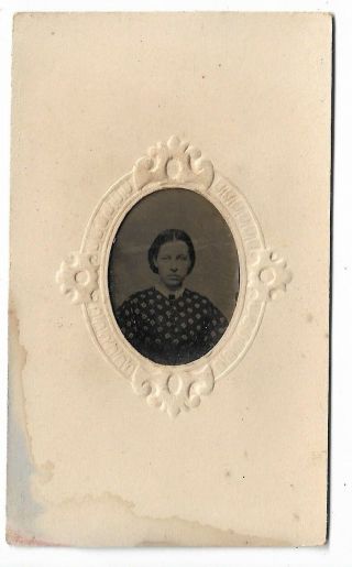 Tintype Photograph Young Woman Pattern Dress Bust Image Embossed Frame