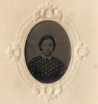 Tintype Photograph Young Woman Pattern Dress Bust Image Embossed Frame 2
