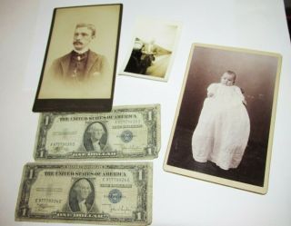 Vintage Old Pictures And More Includes 2 $1 Silver Certificates.  2427