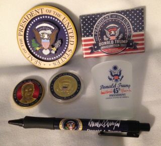 5 Trump Eagle Seal Items = Coin Magnet Pen Glass Jigger Pres E Pluribus Unum