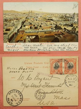 Peru 162 Pair 1905 City View Postcard Lima To Usa Forwarded