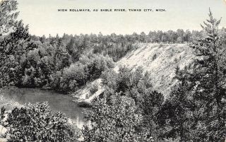 Tawas City Michigan Au Sable River High Rollways B&w Blue Sky 1940s Linen Pc