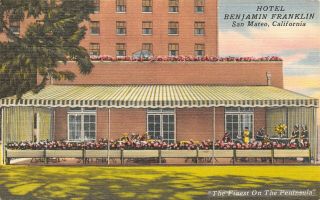 San Mateo Ca Hotel Benjamin Franklin Garden Patio Dining Waitress 1940 Linen Pc