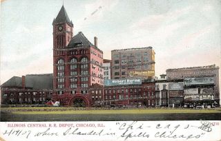 Illinois Postcard Chicago Illinois Central R.  R.  Depot Train Station Pre - 1907