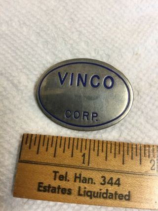 Antique Vintage Employee Badge Vinco Corp Detroit Michigan Metal & Blue Enamel