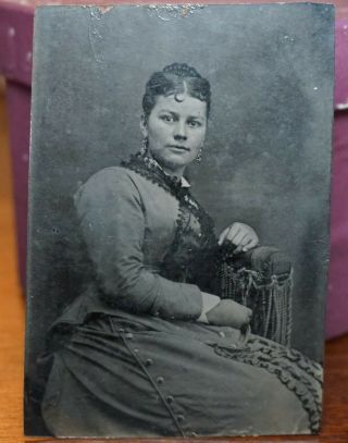 1860s - 70s Tin Type Photo Woman In Dress Seated Sideways