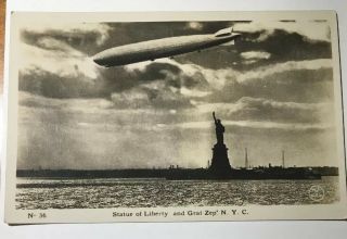 Real Vintage Photo Post Card Of The Graf Zeppelin And The Statue Of Piberty