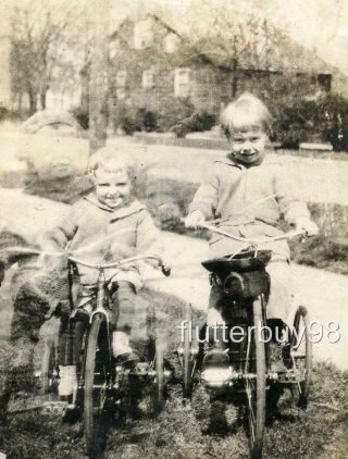 Z324 Vtg Photo Big Wheel Tricycle Kids,  Neighborhood Ride C 1920 