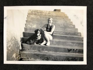Vintage Bw Photo Cy: 1930s: Young Woman Swimsuit With Dog Beach Steps