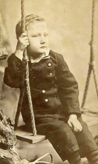 Antique Cdv Photo Darling Little Victorian Boy On Swing - Cook Boston Backstamp