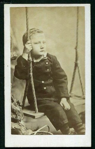 ANTIQUE CDV PHOTO DARLING LITTLE VICTORIAN BOY on SWING - COOK BOSTON BACKSTAMP 2