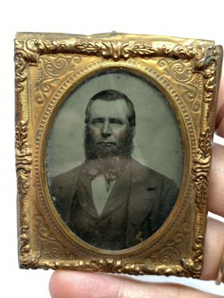 Antique Civil War Era Tin Type Foiled Frame Hand Colored Cheeks 2 1/2”x2”