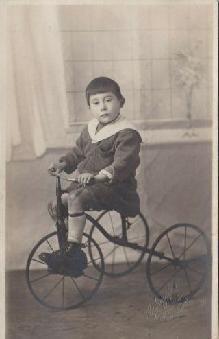 Old Photo Children Boy Riding Vintage Tricycle Bike Cycling Nottingham Sb1