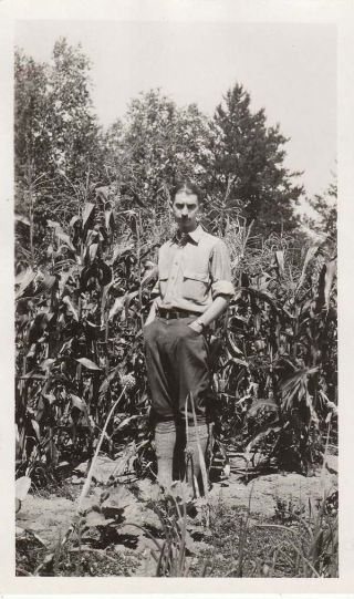 Vintage Photo Snapshot Man Posing In Garden By Corn 1920s