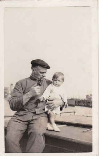 Old Photo Man Boat Boiler Suit Cap Smoking Pipe Children 1930s Jn1