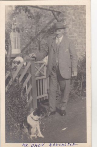 Old Photo Man Fashion Suit Hat Named Dady Newcastle Pet Dog Animal F2
