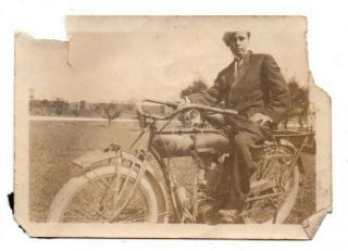 Man Sitting On Indian Motorcycle Motor Cycle Scene Vintage Snapshot Photo