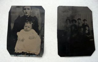 Two Antique Tintype Photographs 1880s - Mother & Child And Group Of 8 Women& Men