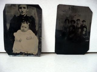 Two Antique Tintype Photographs 1880s - Mother & Child and Group of 8 Women& Men 2