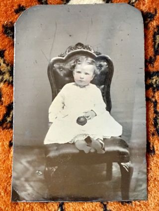 Vintage Black&white Tintype Photo Of Little Girl W/ Ball On Her Lap
