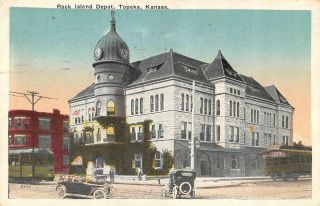 Topeka,  Ks Kansas Rock Island Railroad Depot Automobiles 1920 Postcard