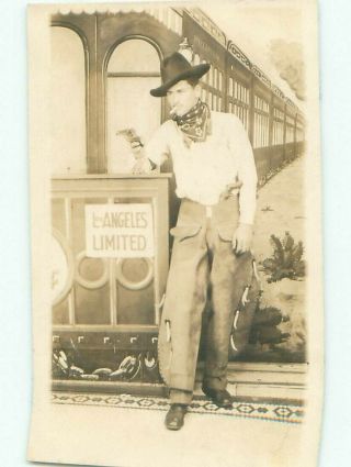 Pre - 1942 Rppc Cowboy By Fake Train Los Angeles California Ca I5959