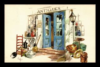 Dr Jim Stamps Us Antique Shop Artist Signed Art Postcard